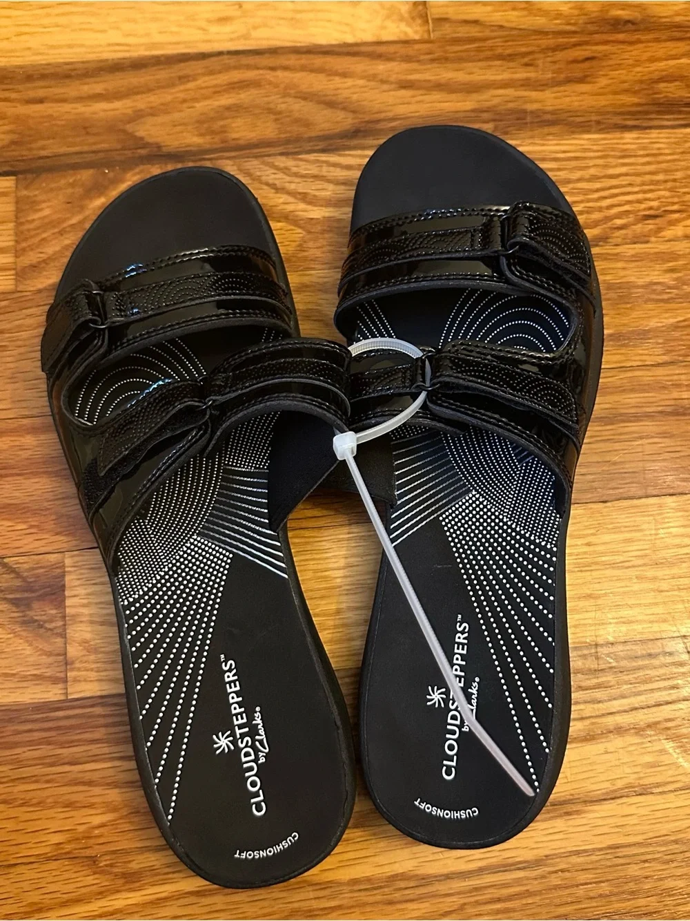 Cloudsteppers by Clarks Black Patent Adjustable Slide Sandals
